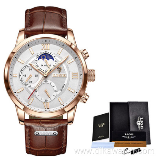 2021 LIGE Watches Mens Top Brand Luxury Clock Casual Leather 24Hour Moon Phase Men Watch Sport Waterproof Quartz Chronograph+Box